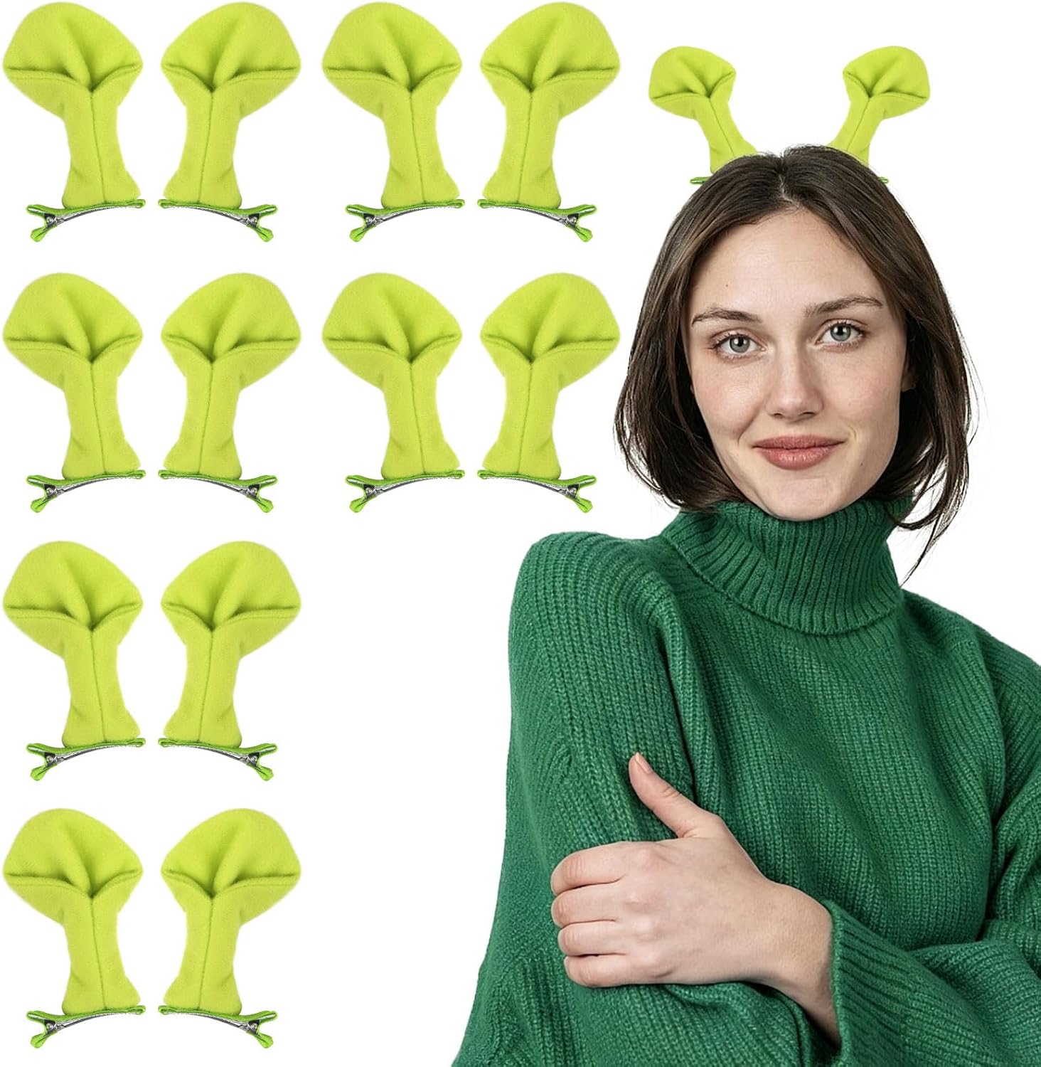 CCINEE 12 Pcs Green Ogre Ears Hair Clips, 6 Pairs Soft Plush Clip Ears for Halloween, Cosplay, Themed Party, Carnival, Masquerade, Unisex Costume Accessory for Kids and Adults