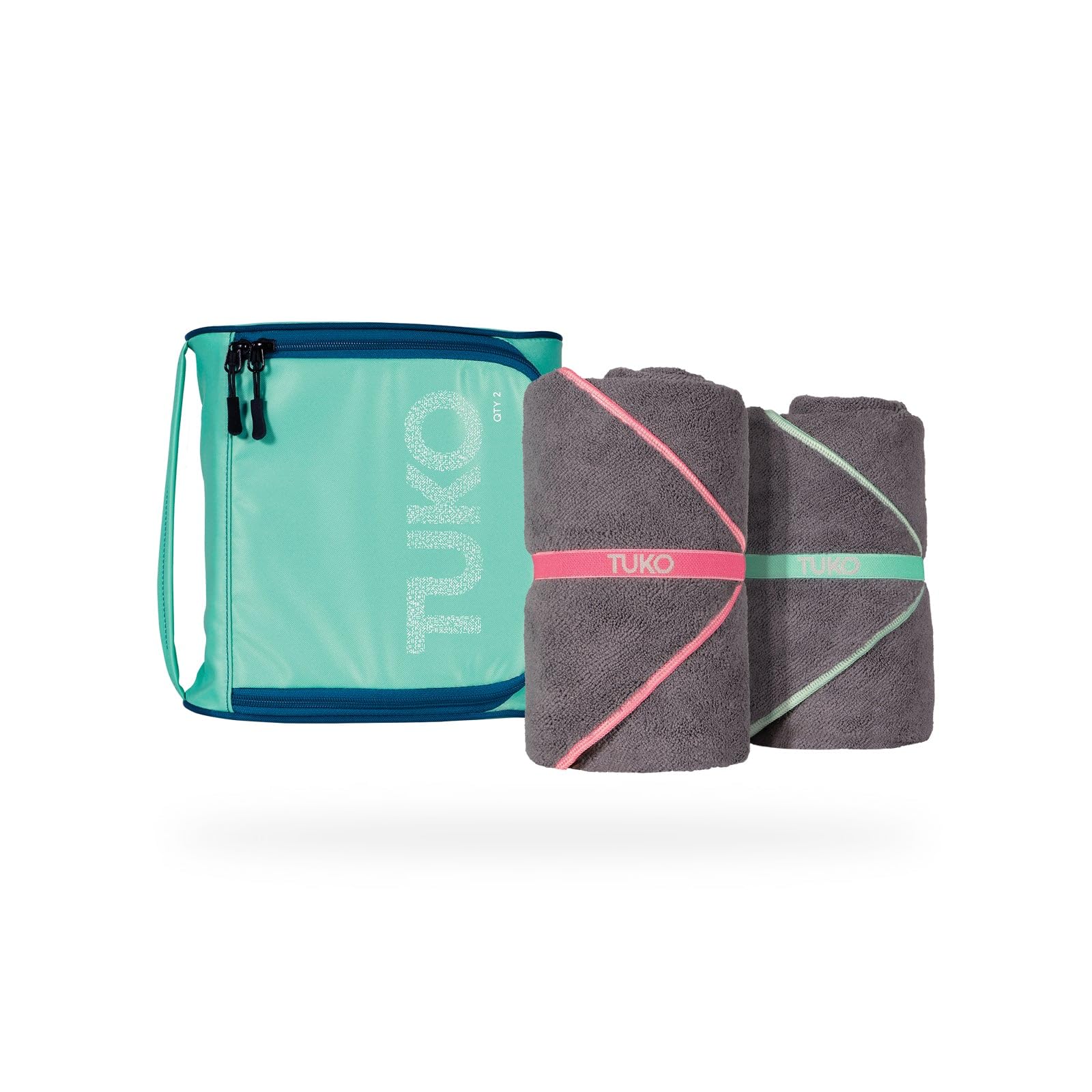 MISSIONTuko Microfiber Beach Towel Set with Water-Resistant Carrying Case for Boating and Swimming (Teal Bag Holder, 60L x 30W, Set of 2)