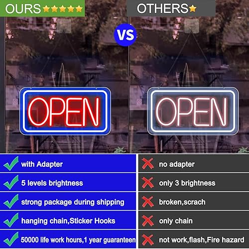 Miniatura 9 de Letrero abierto con adaptador, letrero de neón con 5 letreros de apertura de brillo ajustable para ventana de negocios, letrero de neón abierto,