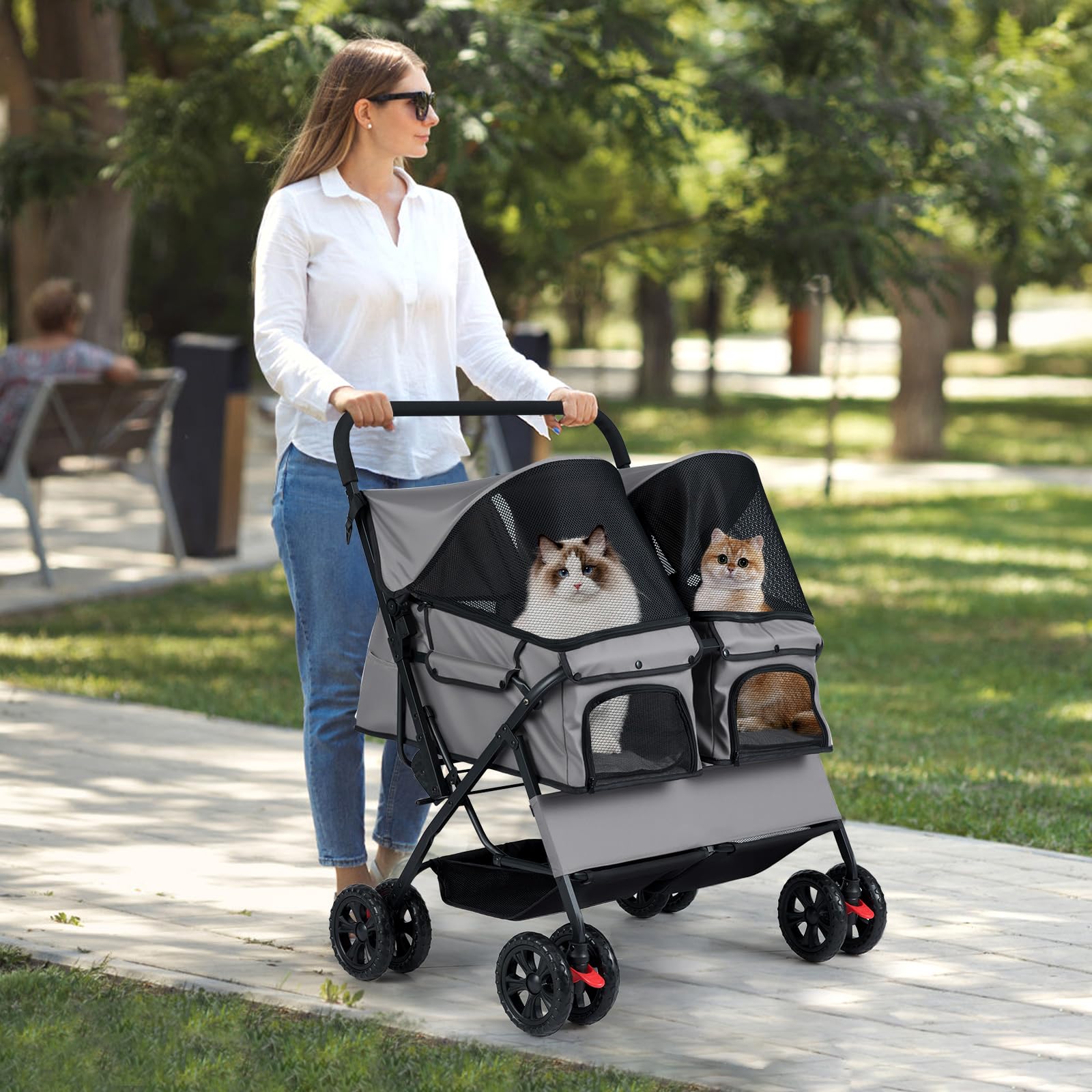COSTWAY Passeggino Doppio per Cani, Carrozzina Pieghevole a 2 Posti con Tettuccio Regolabile, Cuscino Rimovibile, Cintura di Sicurezza, Cestino e 4 Ruote, Passeggino per 2 Cuccioli e Gatti (Grigio)