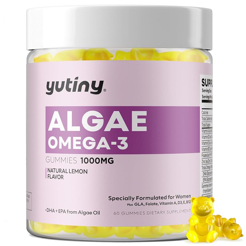 Yutiny Suplemento de Ômega-3 vegano para mulheres com DHA, EPA e GLA 1000 mg, 60 gomas