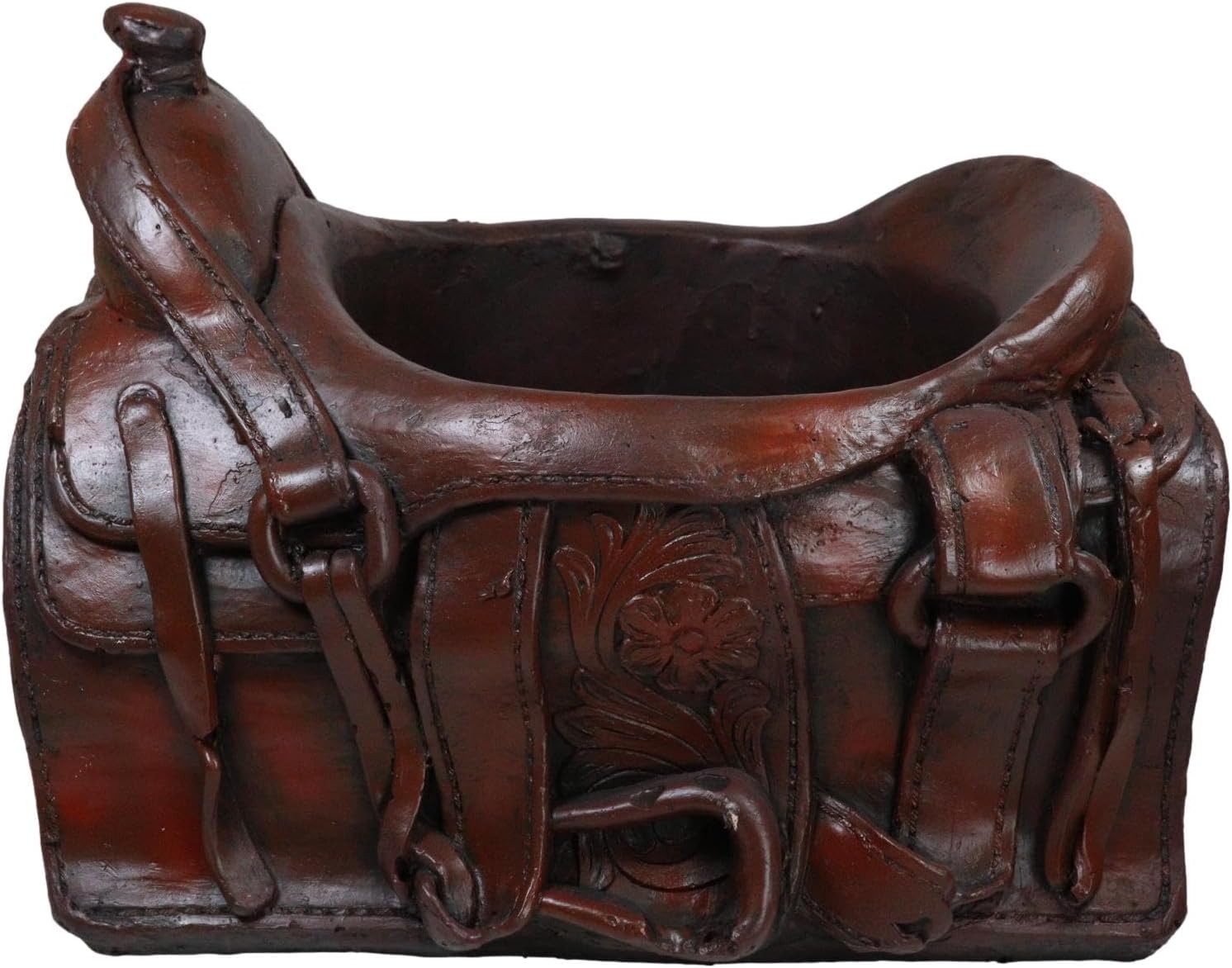 Ebros Gift Rustic Western Country Faux Tooled Leather Old Fashioned Cowboy Horse Saddle Decorative Flower Bouquet Vase Or Planter Figurine 12" Long Southwestern Centerpiece Accent