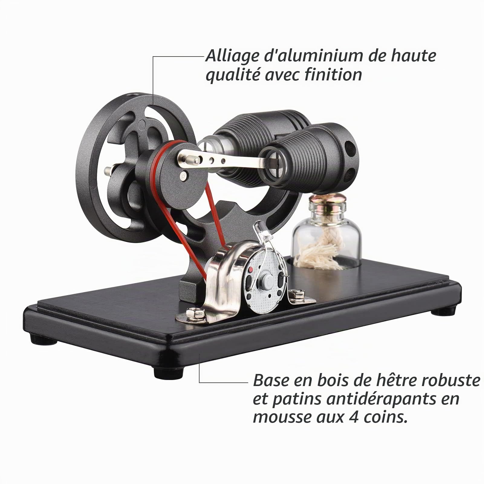 Mini moteur Stirling, moteur Stirling à air chaud, générateur électrique, modèle de moteur avec lumière LED, design de volant d'inertie dollar, expérience scientifique avec base en hêtre,