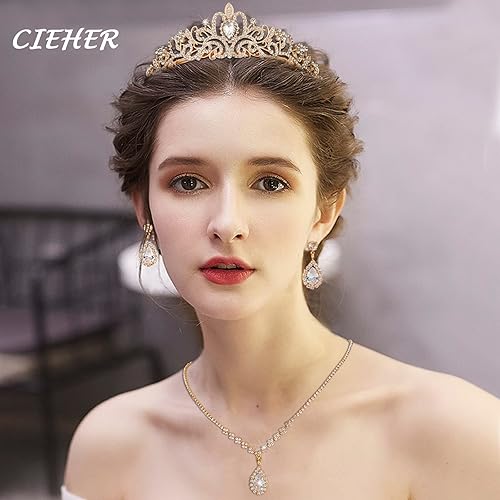 Miniatura 2 de CIEHER 45 Pieces Women Jewelry Set - Rhinestone Crown + Drop Necklace + Elegant Bangle Bracelet + Crystal Teardrop Dangle Earrings for Bridal