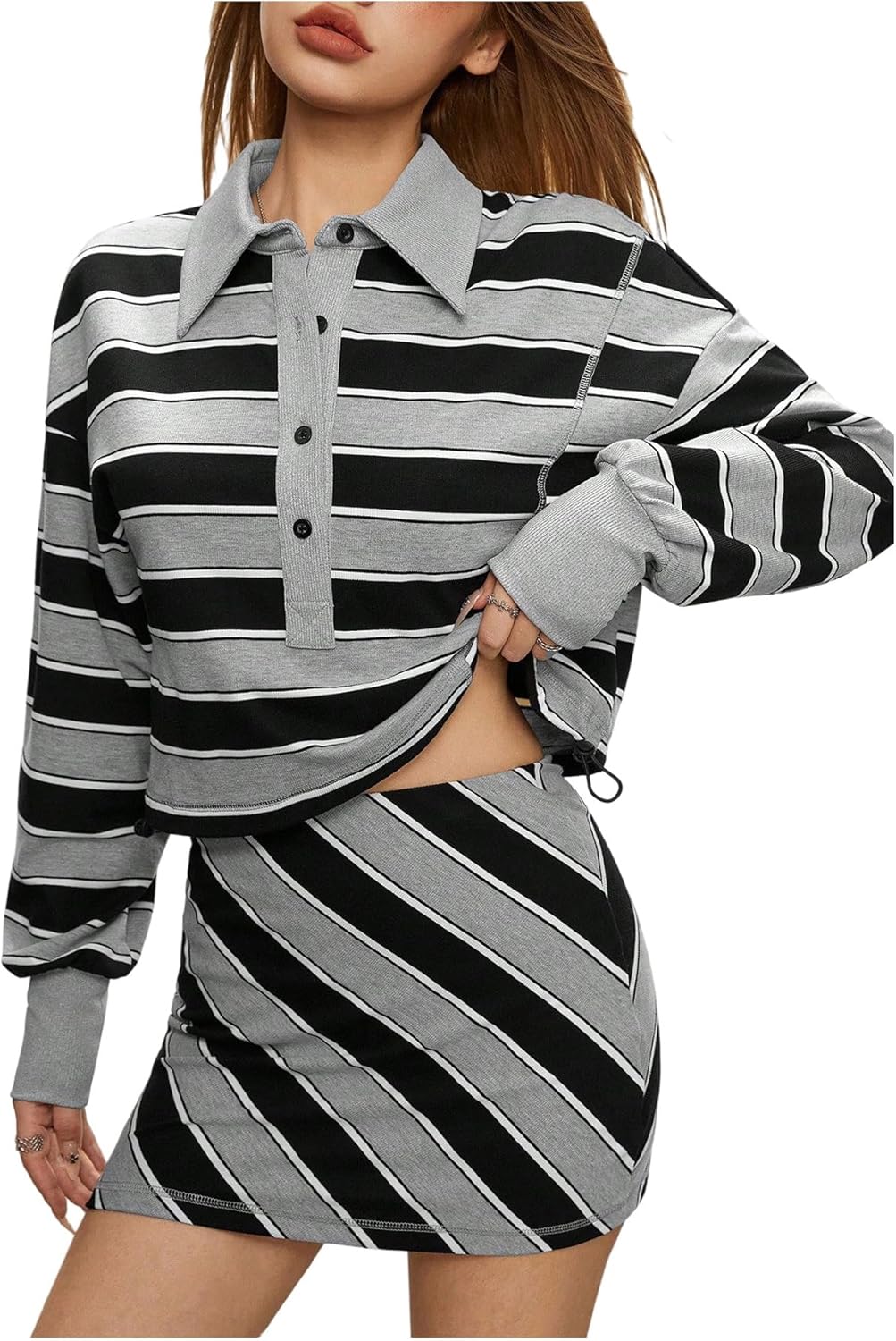 MakeMeChic Women's 2 Piece Fall Outfits Striped Long Sleeve Shirts and Mini Skirt Matching Set
