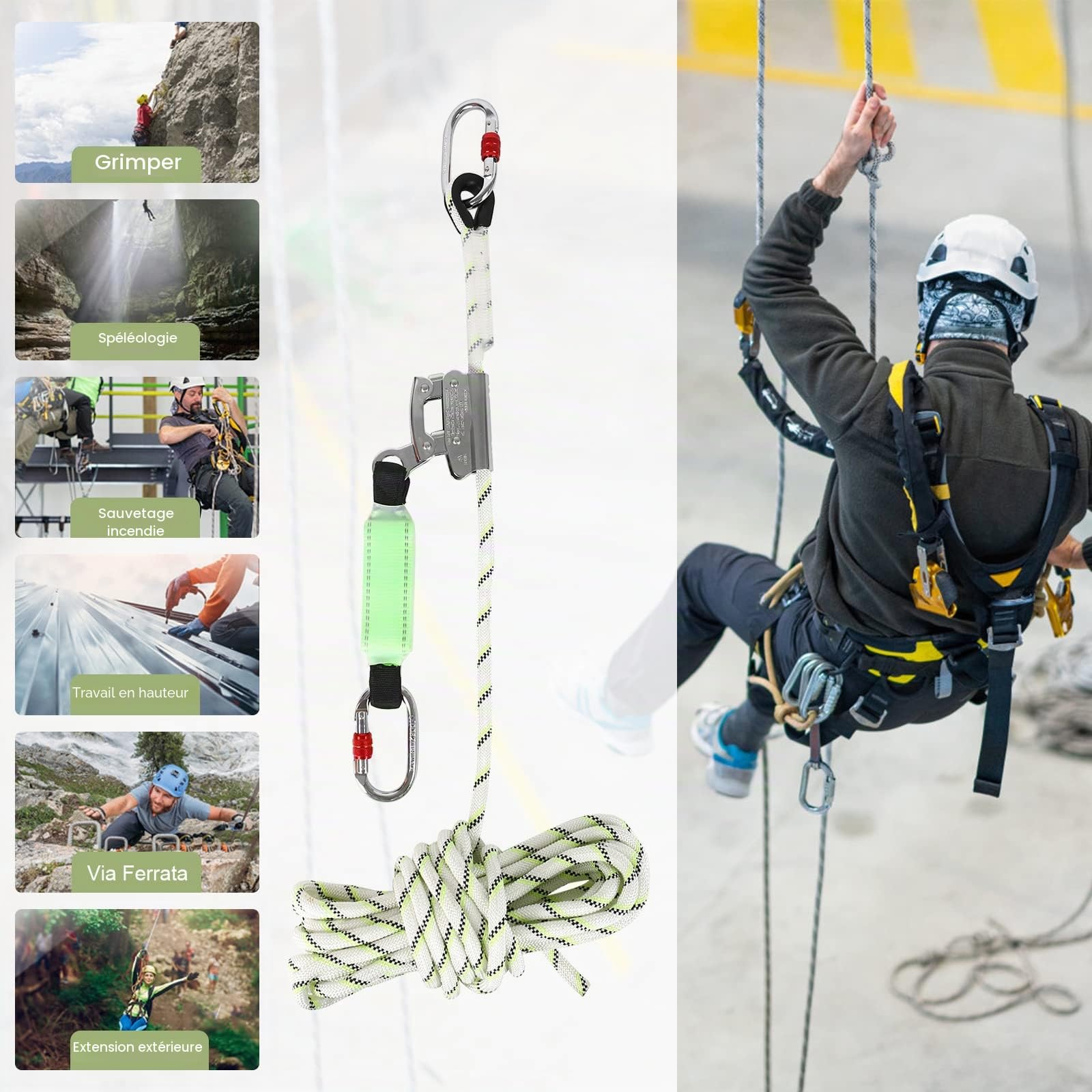 Sangle de retenue anti-chute, 10 m de corde de récupération avec amortisseur de chute et mousqueton, protection contre les chutes pour l'escalade dans les arbres en plein air, l'alpinisme