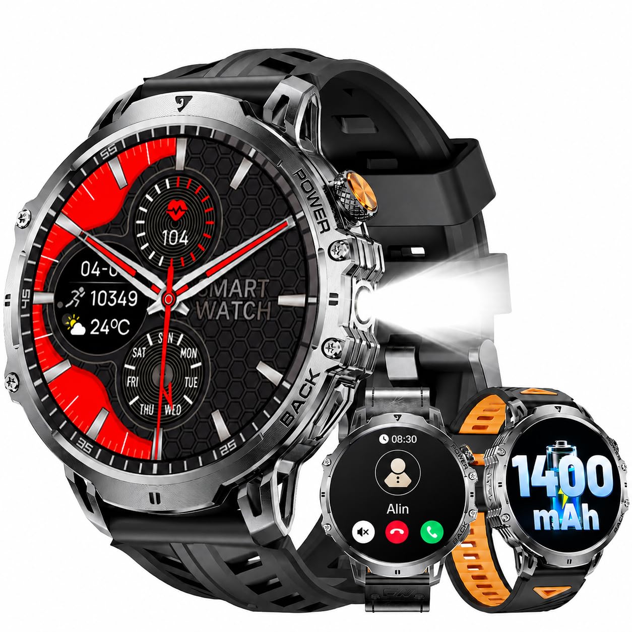 LIGE Militär Smartwatch Herren(3 Armbändern) - 1400 mAh/1,85" HD Großes Touchscreen/LED-Licht, Fitnessuhr mit 110+ Sportmodi, Herz-/Schlaftracking,Sportuhr für iOS/Android, Tiefschwarz
