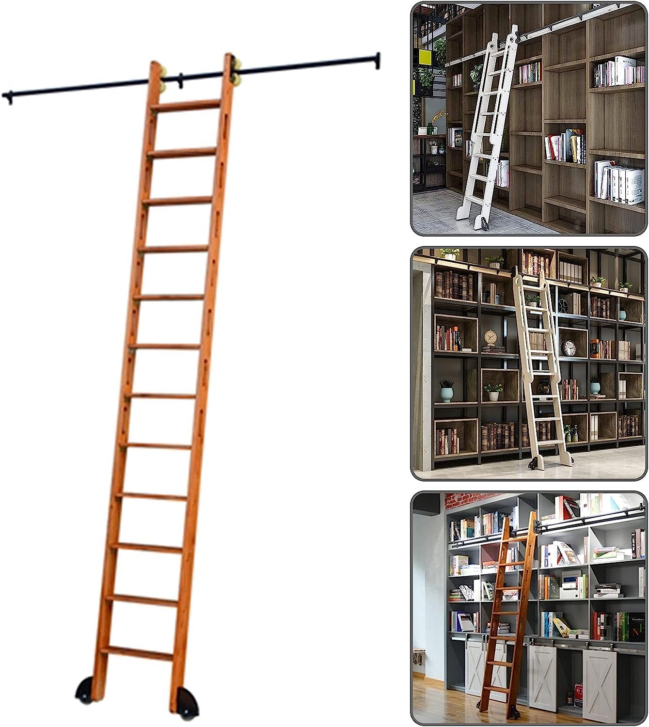 Rail d'échelle mobile pour bibliothèque et kit de porte de grange coulissante en acier noir