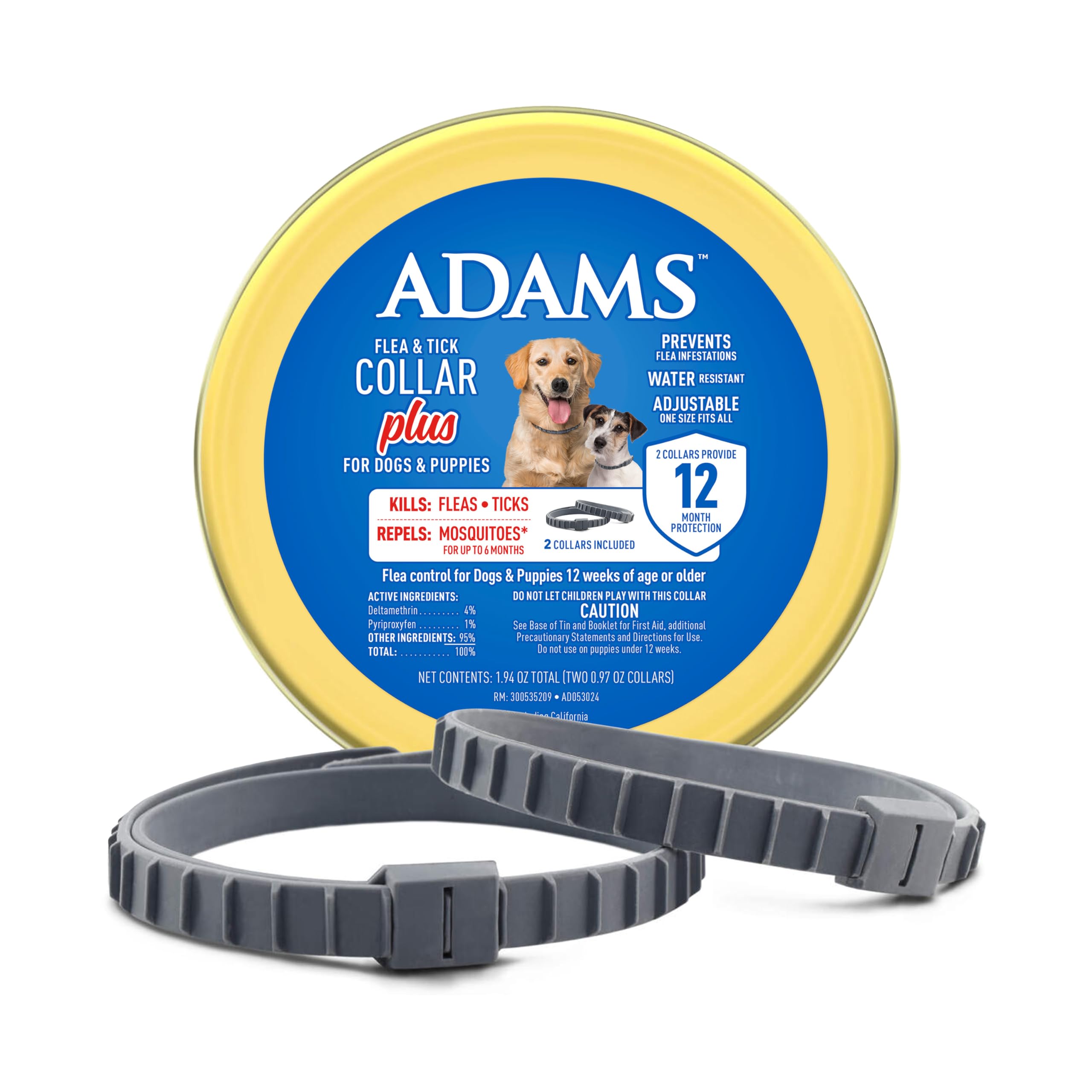 Flea & Tick Collar Plus for Dogs & Puppies, 2 Pack, 12 Month Protection, Adjustable One Size, Kills Fleas, Ticks & Repels Mosquitoes, Excluding California