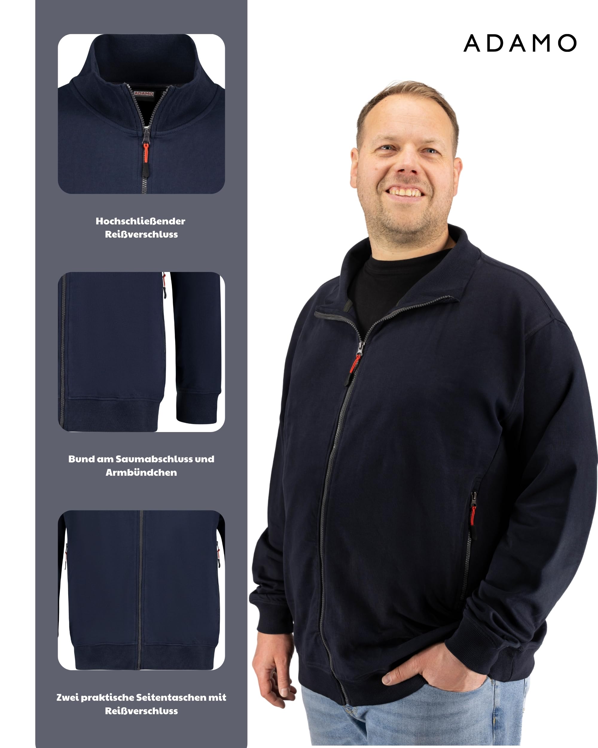 ADAMO Herren Sweatjacke mit Reißverschluss Übergrößen 2XL-14XL