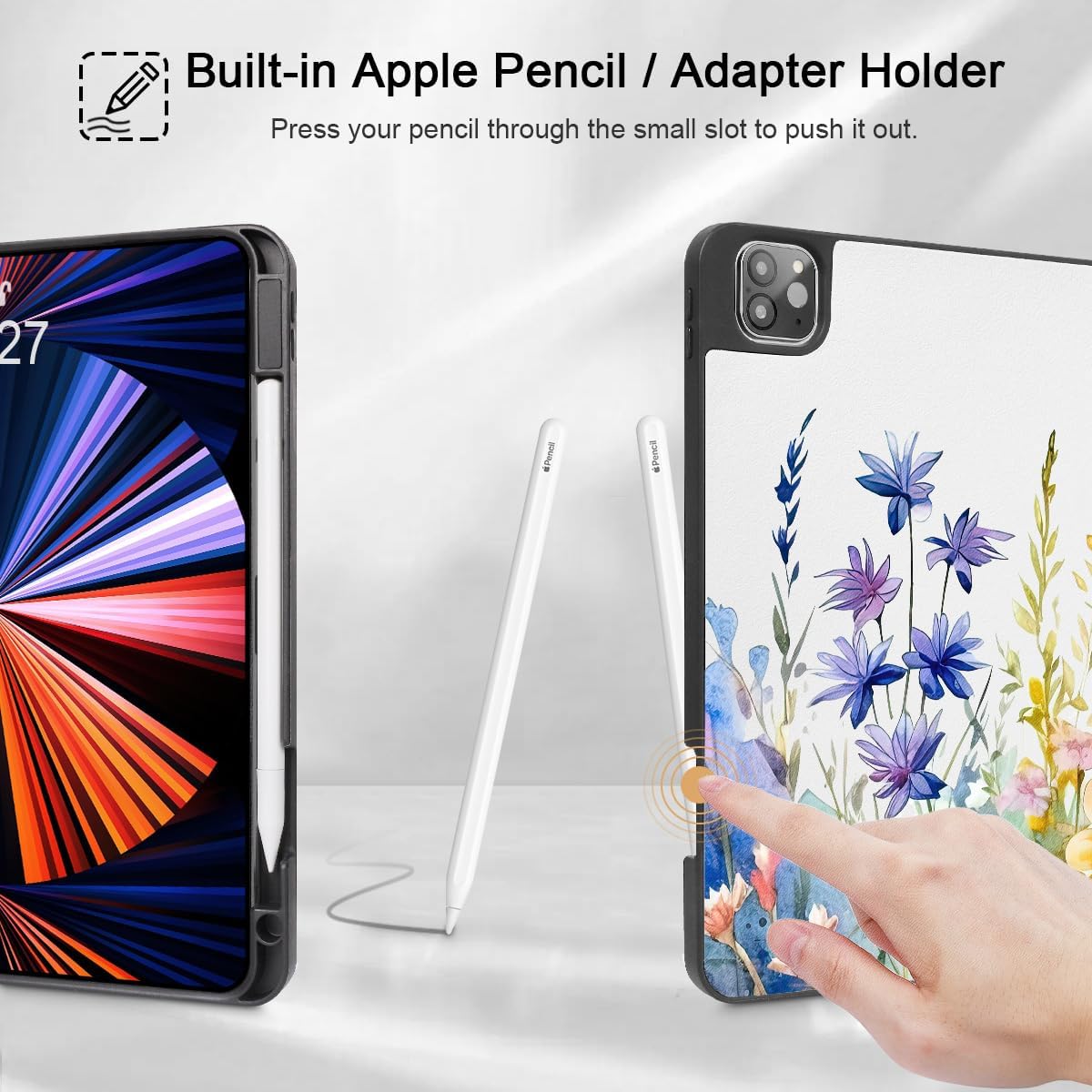 Tuiklol for iPad Pro 13 inch 2025 2024 Release M5/M4 Chip - Built in Pencil Holder Ultra Retina Slim Protective Stand Back Cover with Smart Trifold Stand Auto Wake/Sleep, Colorful folwer