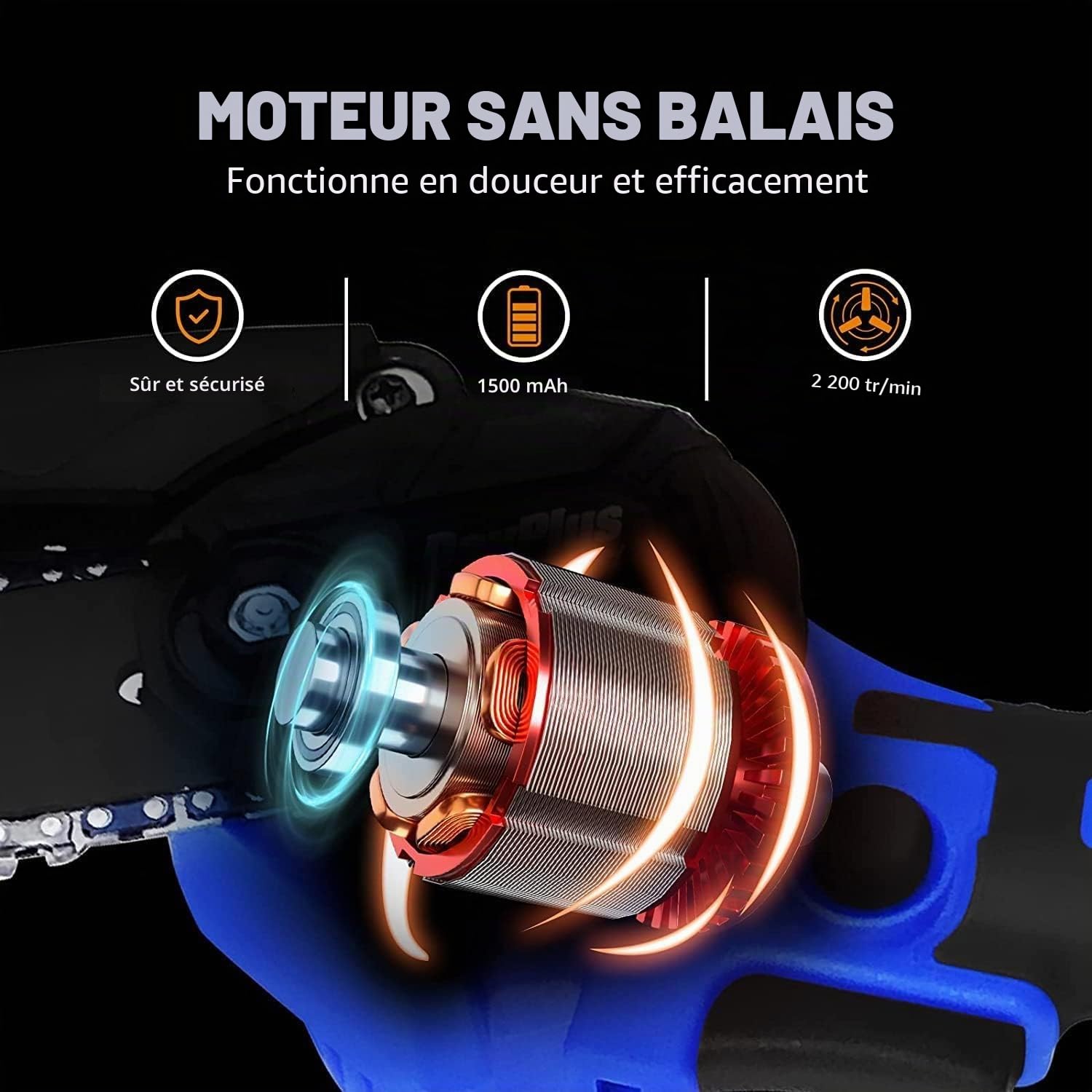 Tronçonneuse électrique super puissante et scie à bois à batterie avec aiguiseur - Outil de jardin avec une batterie Li-Ion et 2 chaînes, 2200W, longueur de la plaque de guidage de 15,2 cm