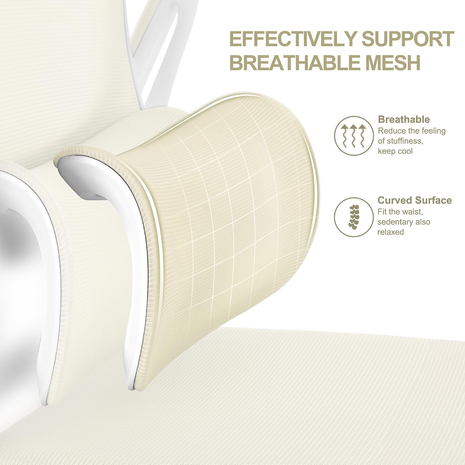 Close-up image of the breathable mesh and curved surface of the Misolant office chair's backrest, highlighting its ergonomic lumbar support.