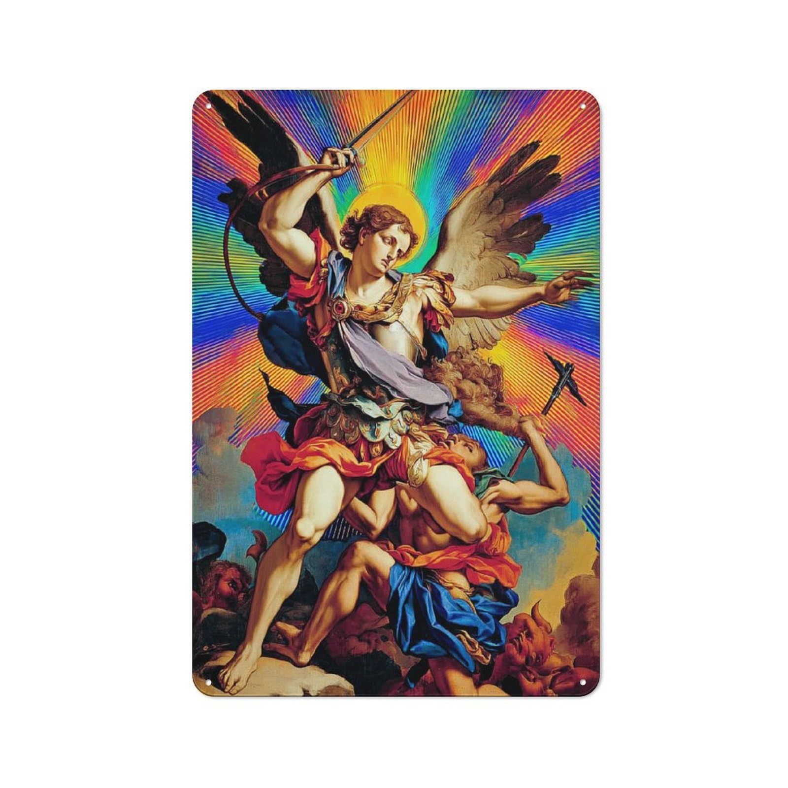 Junmoney Archangel Michael Slays Satan Tin Sign 30X20cm With For Workshop Wall, Vintage Decor, Gift For Workshop Decor Fans During The Christmas Season