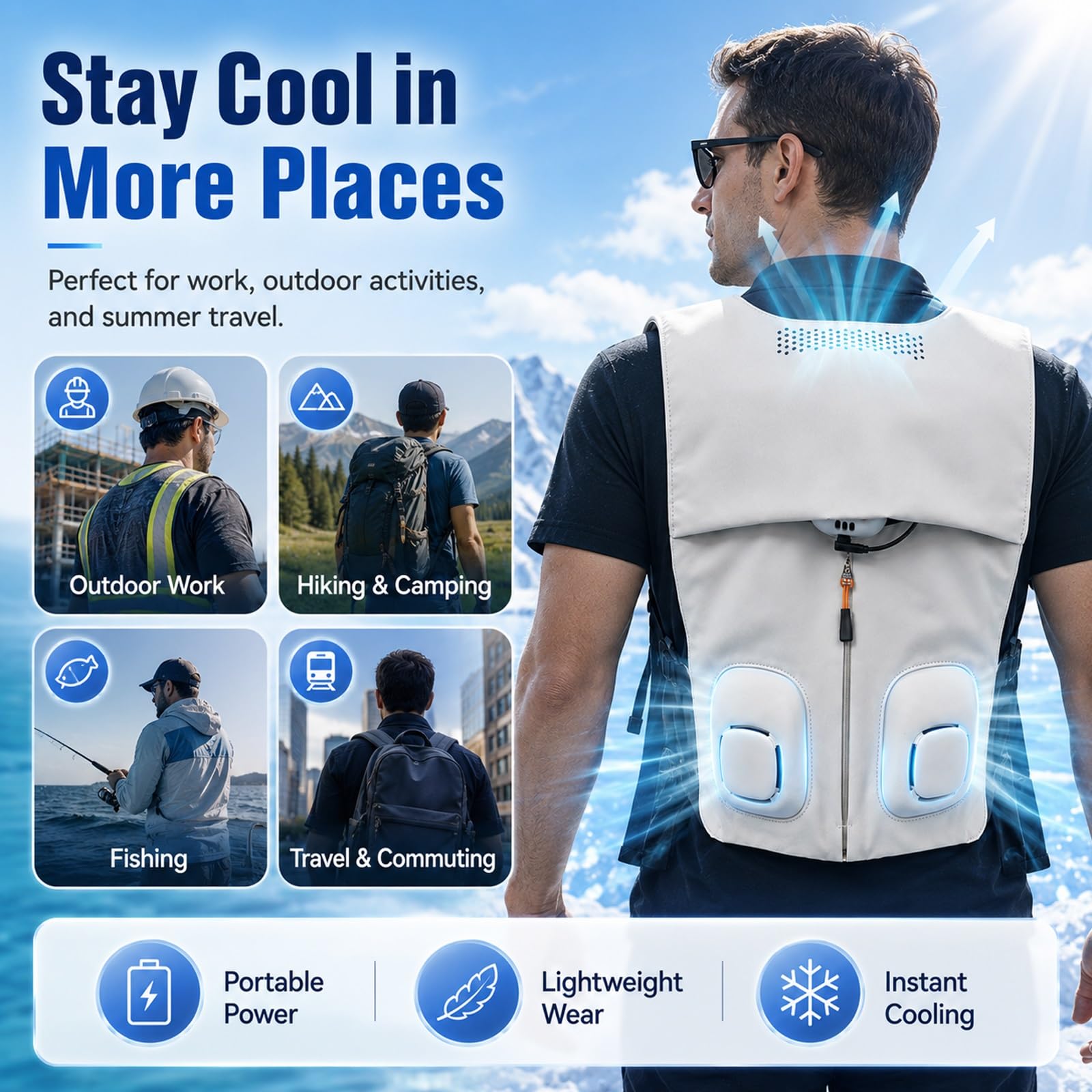 Gilet Rinfrescante Con Ventole Flessibili, Giacca Climatizzata | Con Doppio Modulo Di Raffreddamento A Semiconduttore, Tracolla Rimovibile Per Cambiare Modalità Liberamente