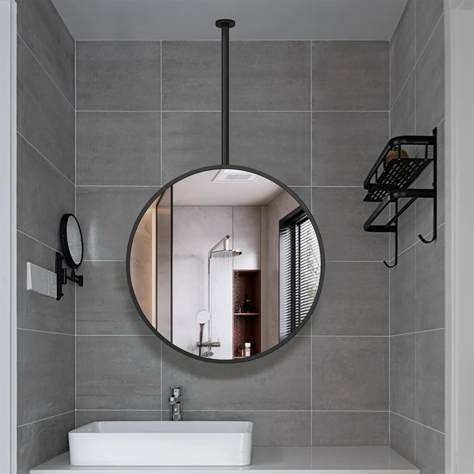 FGXHHS Metal Ceiling Mounted Mirror, Round Bathroom Makeup Shaving Mirror with Black Frame, Hanging Wall for Washroom Bedroom Living Room Home Decor(Diameter-70CM/27.6INCH)