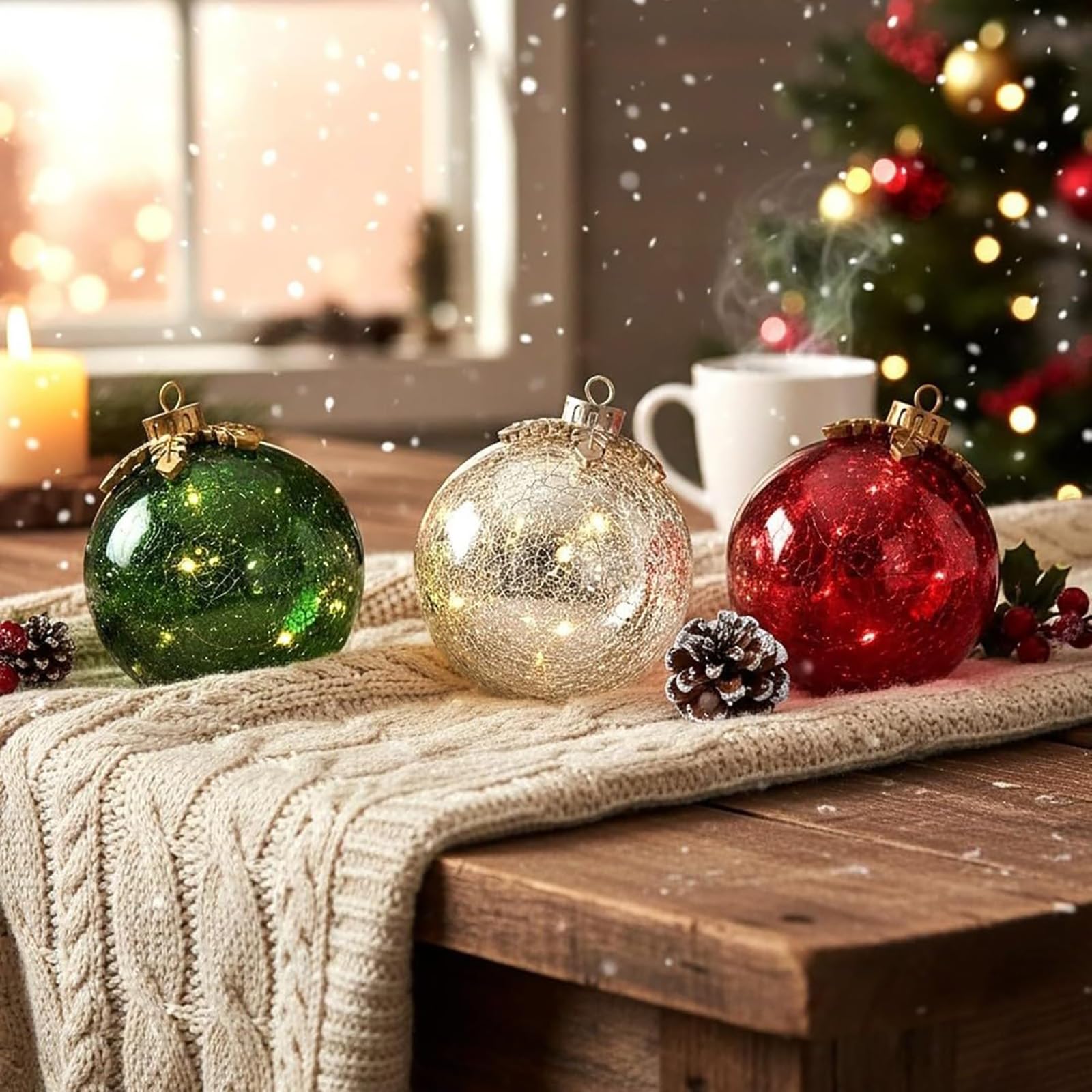 Ornements de Noël de table en verre avec lampe globe LED à piles rouge or vert pour intérieur