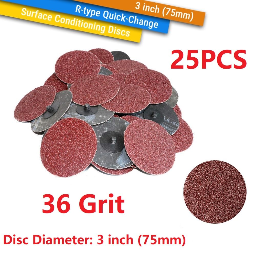 25 discos de lijado de cambio rápido de 3 pulgadas y 75 mm, disco de lija con respaldo de bloqueo de rollo for acabado de superficies, pulido, eliminación de pintura de óxido y rebabas(25Pcs 36 Grit)