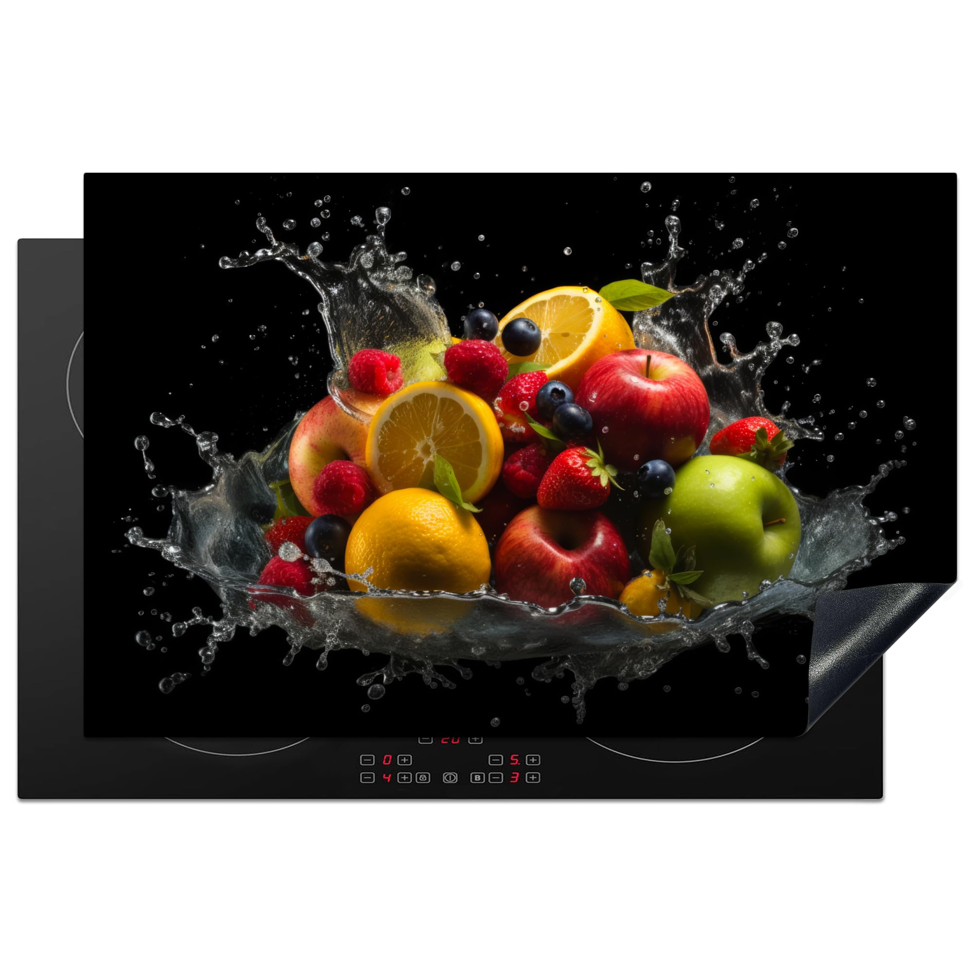KitchenYeah© Herdabdeckplatte Einteilig Herdabdeckung Abdeckplatte für Ceranfeld Abdeckung Induktionskochfeld Aufrollbare Matte Obst - Apfel - Orange - Rot - Wasser - 80x52 cm