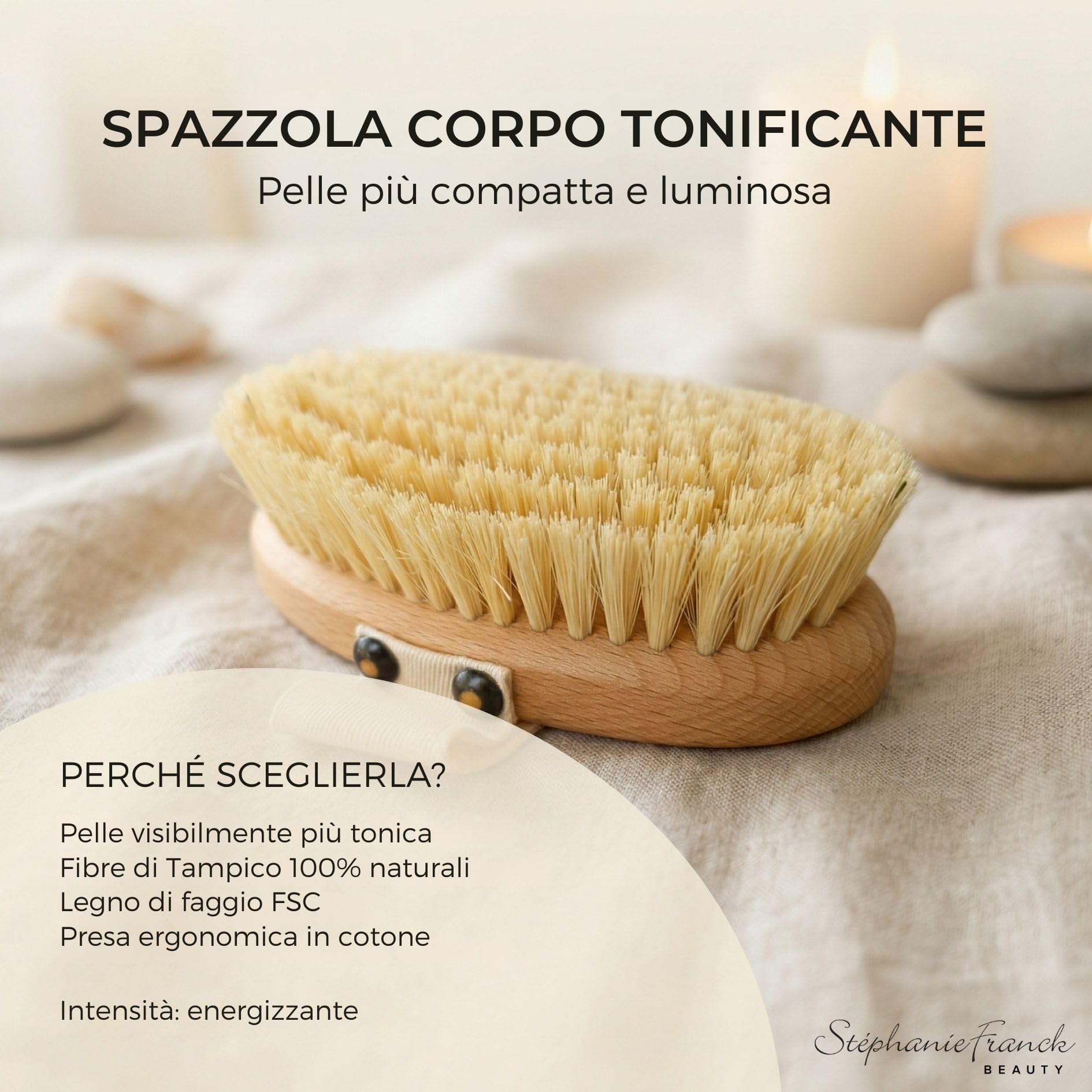 Body Dry Brush - Spazzola Esfoliante e Stimolante per Massaggio a Secco - 100% Vegana - in Fibre di Tampico Rigide e Legno di Faggio FSC - Senza Plastica - Made in Germany