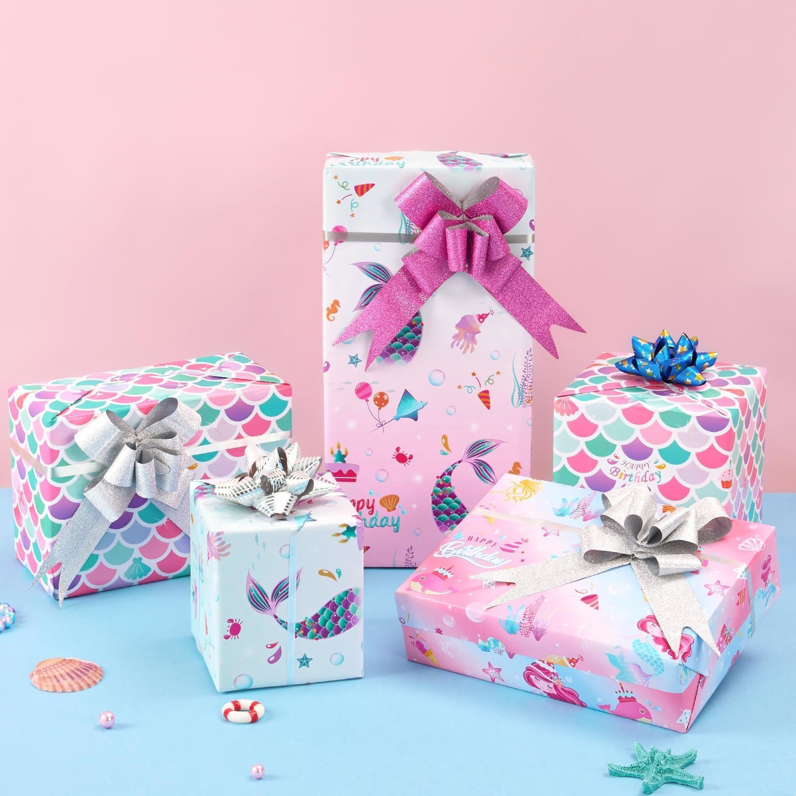 Rollos de Papel de Regalo de Sirena - 3 Rollos 43 cm x 3 m Rollos de Papel de Regalo de Cumpleaños para Niñas Sirena Rosa con Líneas de Corte