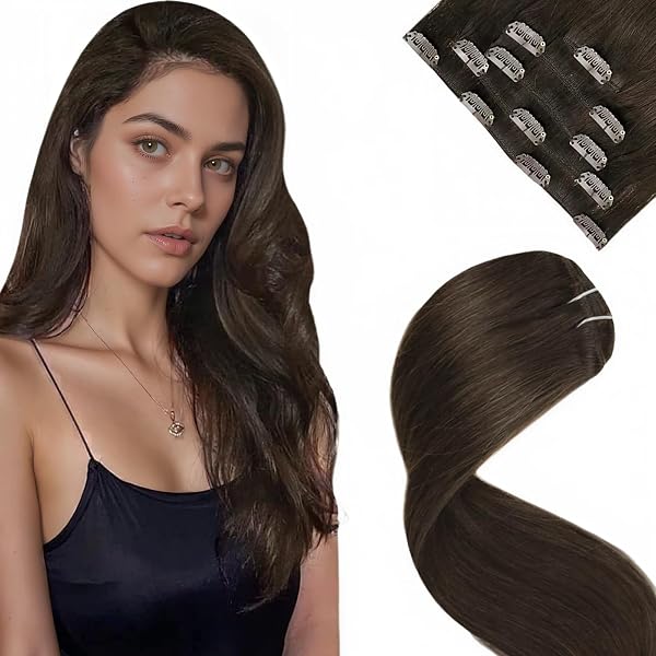 LaaVoo Extension Clip Cheveux Naturel – Brun Foncé – Double Trame – 40cm 5pcs 80g – pour Soirée Clip Pratique – Lisse – #2 - 1
