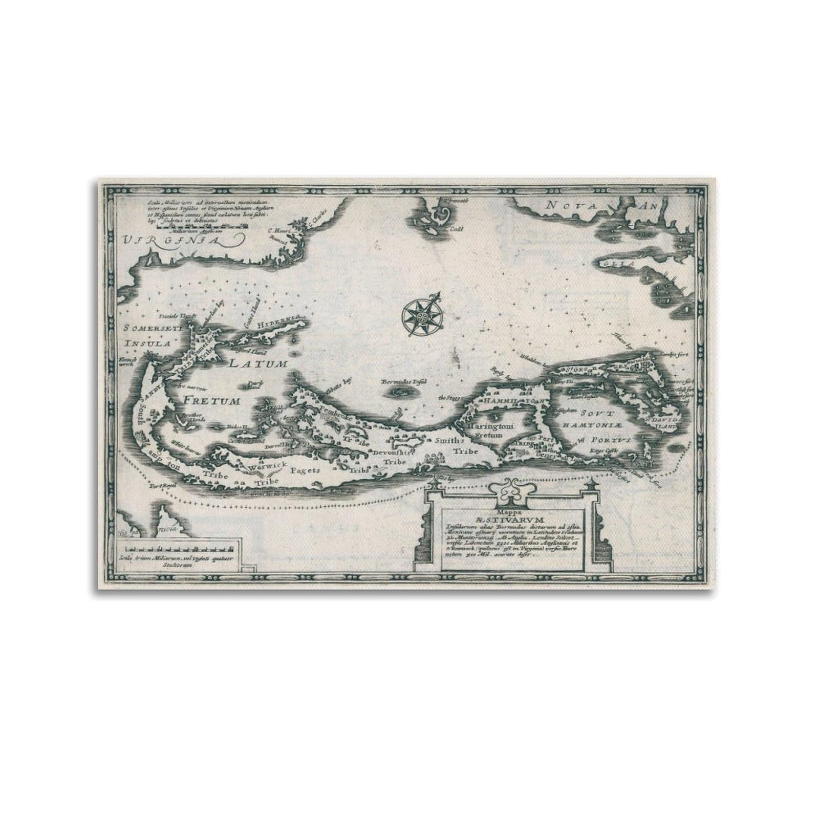 Qlls Unframe-Style Vintage Map Poster 1636 British Bermuda Map Decorative Canvas Family Bedroom Artwork Picture Painting 16X24inch(40X60cm)