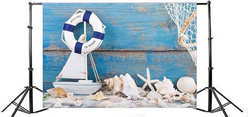 Miniatura 2 de Yeele Tablero de férula de madera azul de 8 x 6 pies, fondo de fondo de marinero, ancla náutica, diseño de conchas de mar, fondo de fotografía, boya