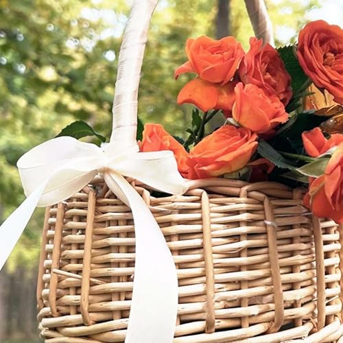 Miniatura 7 de 2 cestas de flores de ratán. Cesta de transporte para niña de las flores con lazo de encaje, hecha a mano, cesta de transporte de mimbre para