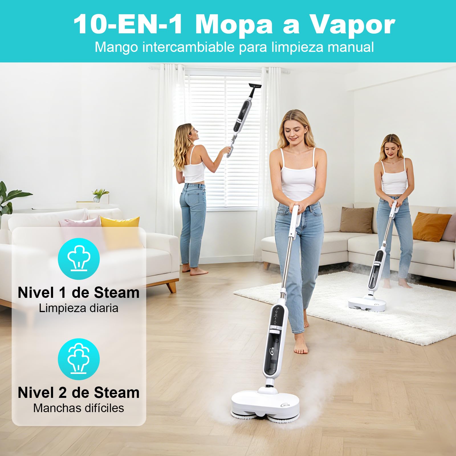 KOK 10-en-1 Mopa a Vapor, Limpiador a Vapor con función giratoria, Vapor a alta temperatura, 500ml Capacidad del depósito, 15 accesorios, 10s Temps de préchauffage, para dormitorios, cocinas y salones