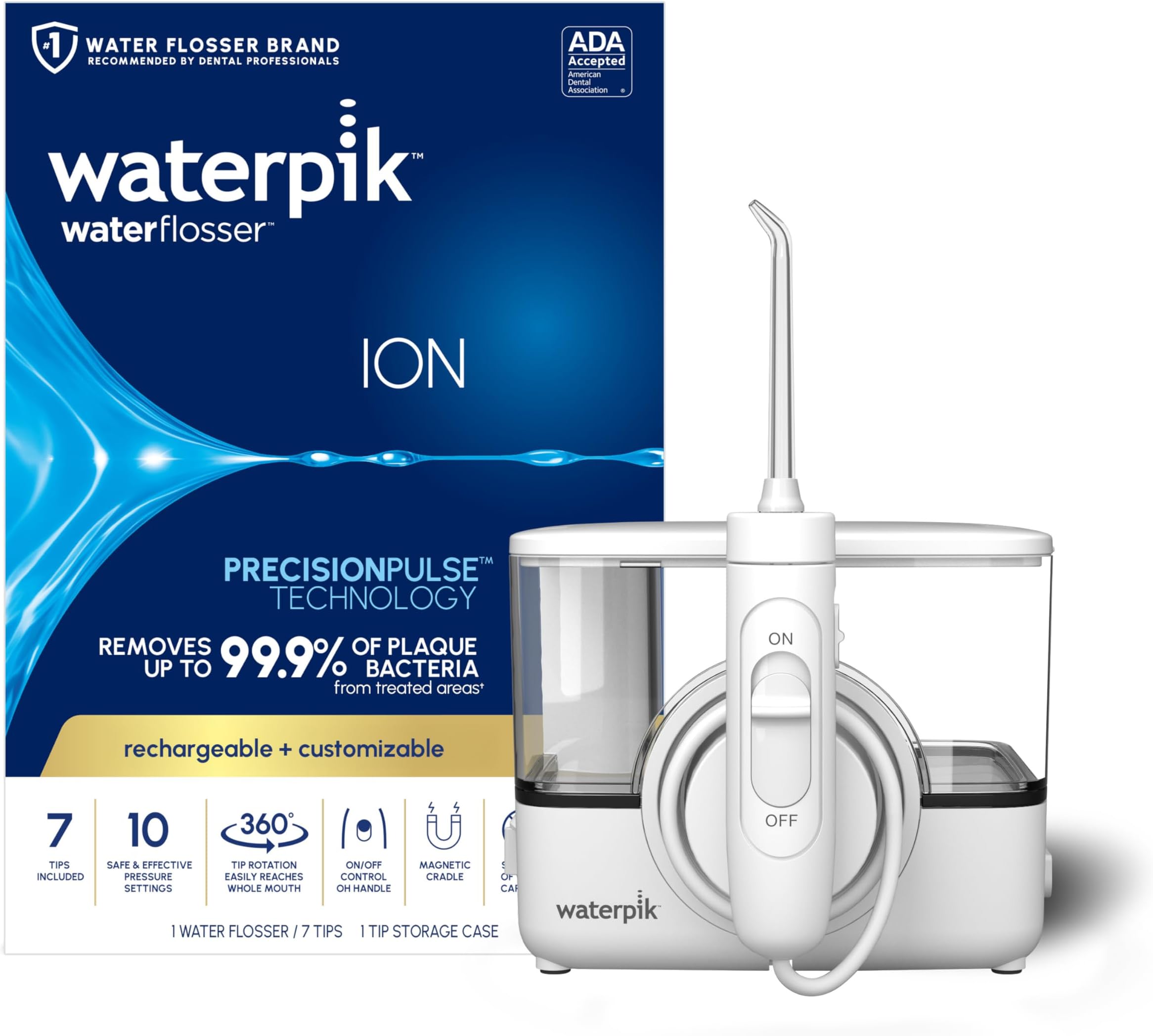 ION Professional Cordless Water Flosser Teeth Cleaner Rechargeable and Portable, White, 1 Count