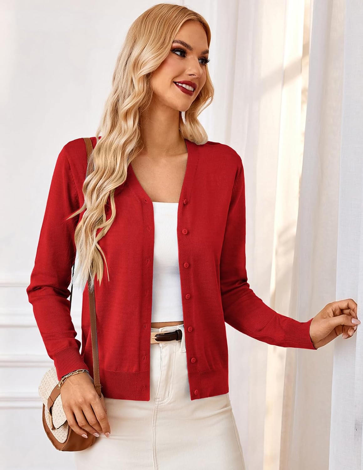 GRACE KARIN Women's Long Sleeve Button Down Vee Neck Classic Sweater Knit Cardigan - Image 5