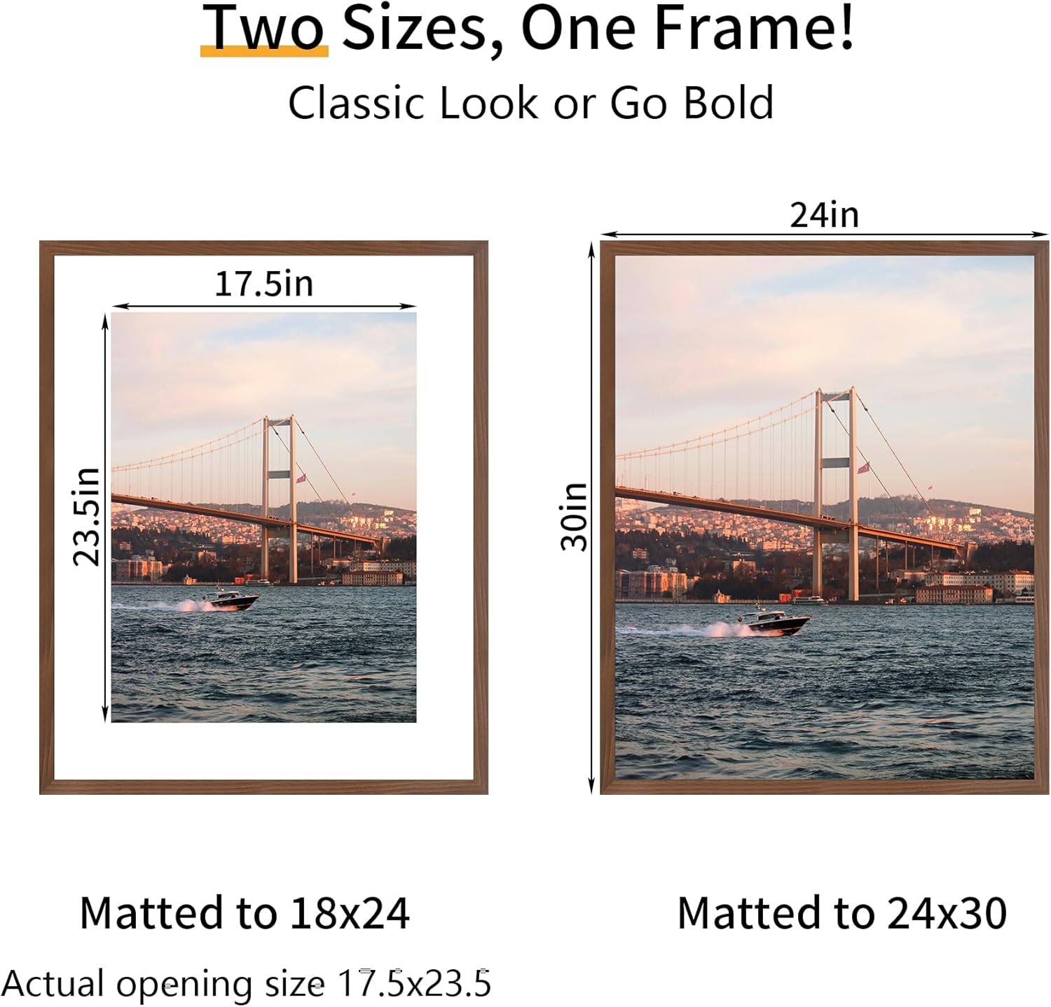YESKAY 24x30 Picture Frame 3 Pack - Brown Poster Frame Display Pictures 18x24 with Mat or 24 x 30 Without Mat for Wall Hanging Horizontal and Vertical Brown 24x30(3PK)