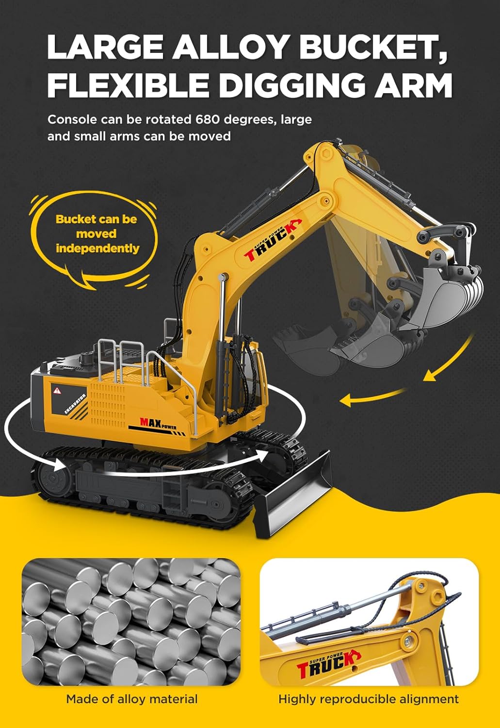 Large Remote Control Excavator Toy with Metal Bucket & Dozer Blade 15