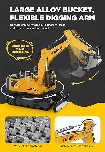 Miniatura 4 de Juguete grande de excavadora de control remoto de 21 pulgadas con cubo de metal y hoja topadora, juguetes de excavadora RC de 15 canales para niños