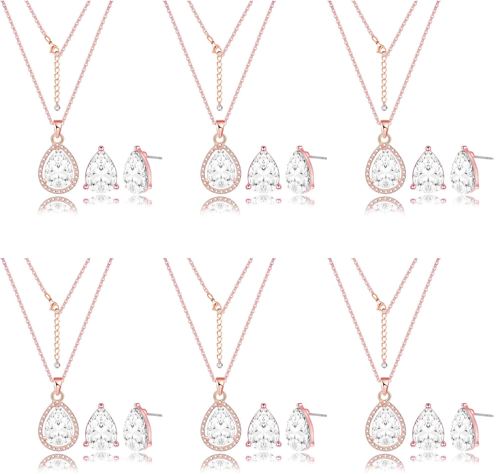 Bridesmaid Teardrop Jewelry Set for Women 1-4-6-8 Sets 18k Gold & Rose Gold Plated Pave Rhinestone With Crystal Necklace Earrings Set for Wedding Engagement Anniversary