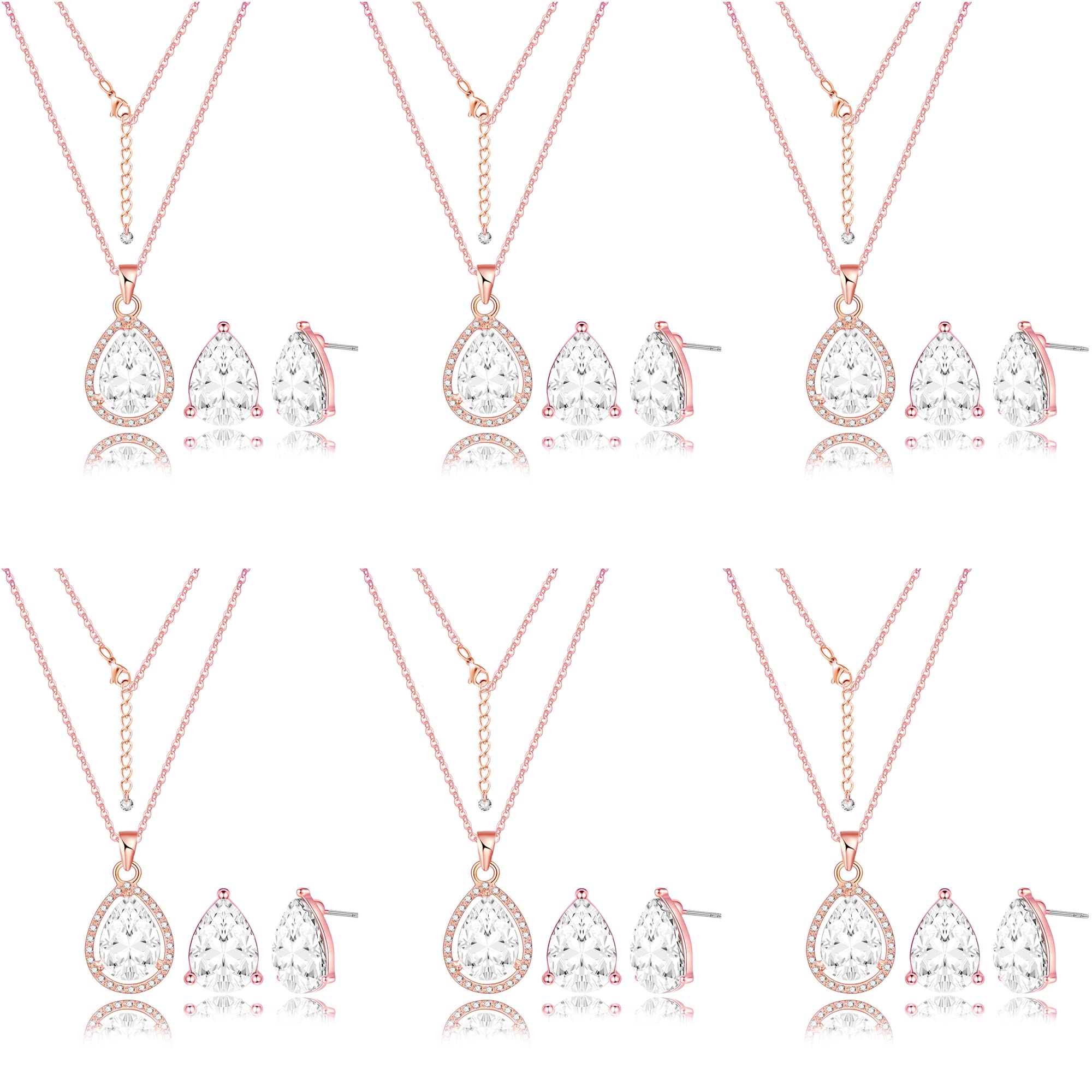 Bridesmaid Teardrop Jewelry Set for Women 1-4-6-8 Sets 18k Gold & Rose Gold Plated Pave Rhinestone With Crystal Necklace Earrings Set for Wedding Engagement Anniversary