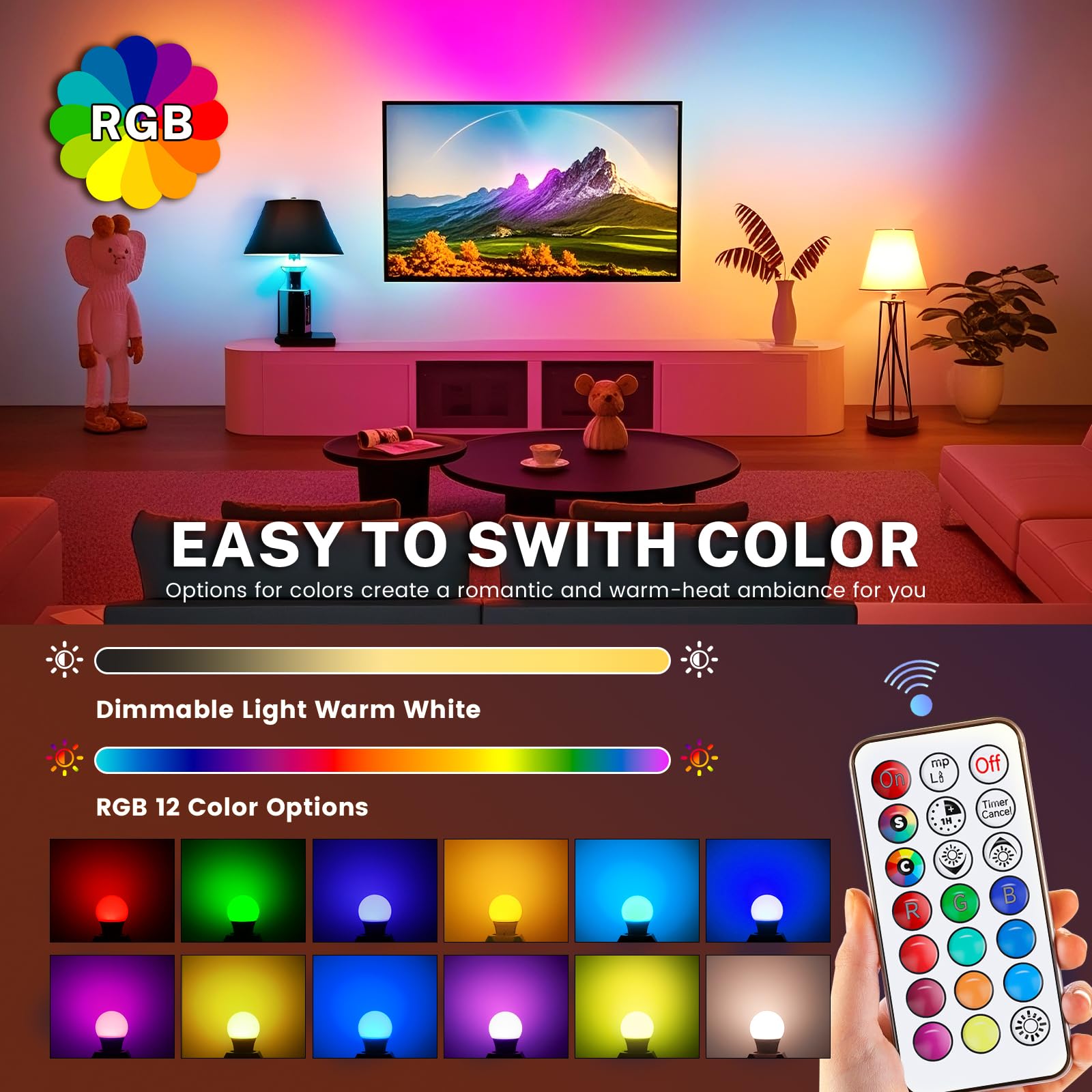 2 Pack 5W(Replacement 40W)G45 Dimmable Multi Color LED Lamp with Remote Control B22 Bayonet Base Color Changing Bulb - Image 3