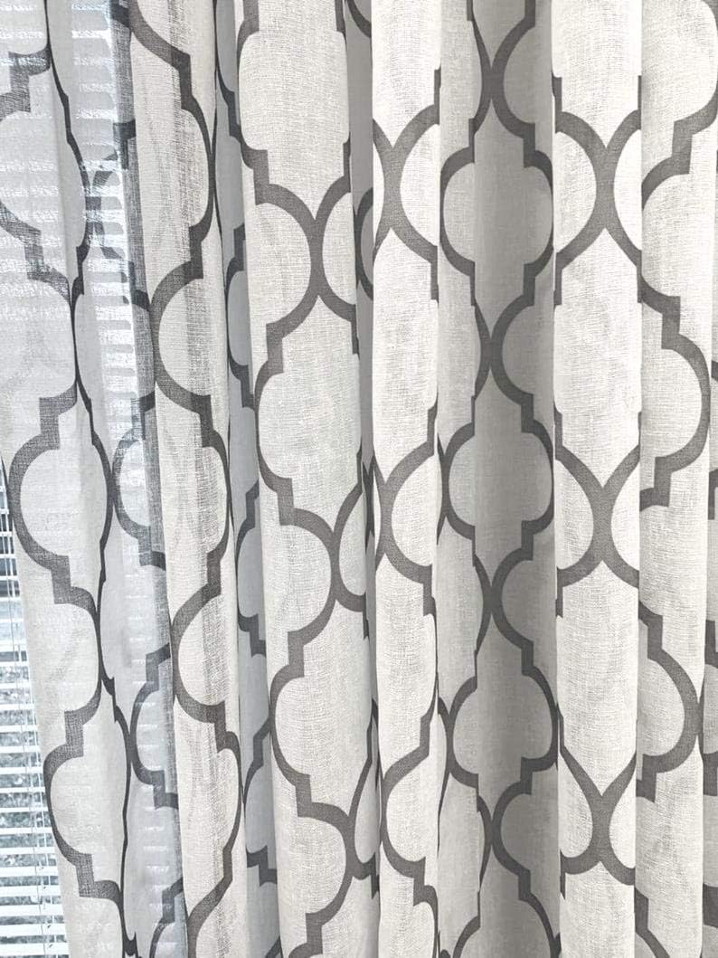Ikiriska Sheer Linen White Whith Geometrical Grey Pattern (White Whith Grey Pattern, 100" Wx216 L)