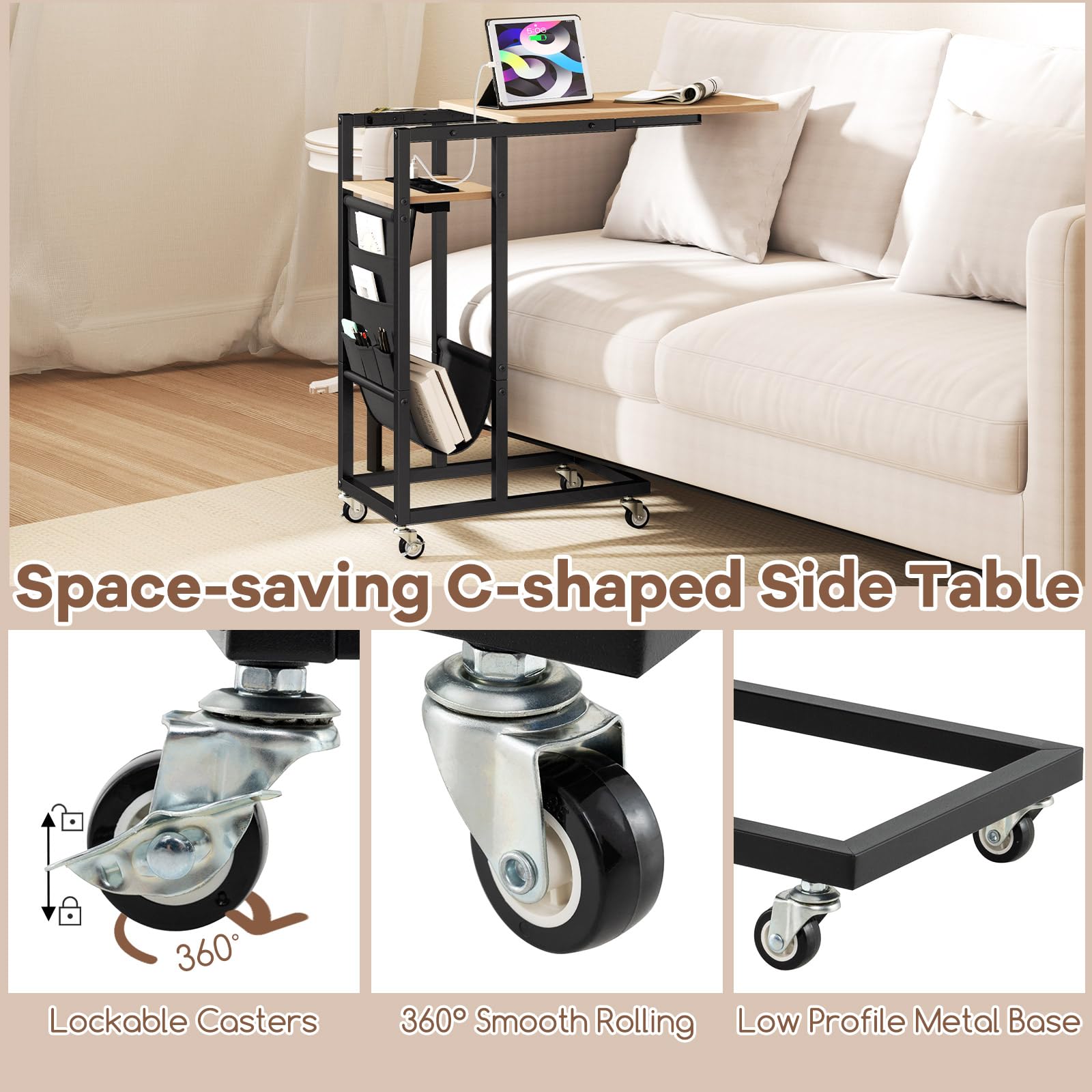 Giantex Mesa Auxiliar en Forma de C con Tablero Extensible, Enchufes y 2 Puertos USB, Mesita con 4 Ruedas, Estantes Abiertos y Bolsa Lateral, Mesa Lateral para Salón, Dormitorio (Gris)