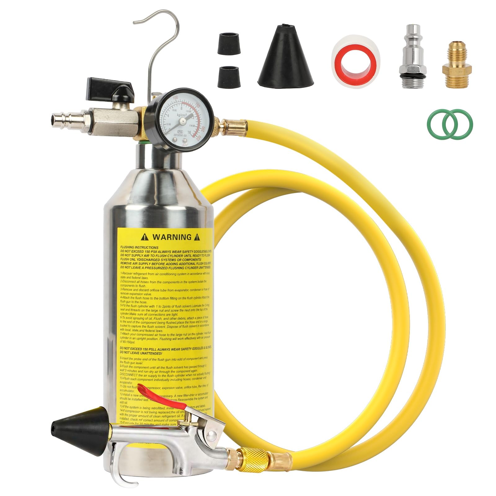 AC Flush Kit, zestaw do czyszczenia klimatyzacji samochodowej z ciśnieniomierzem, głowicą natryskową i wężem 1 m, zestaw do spłukiwania AC do czyszczenia samochodów i domowych przewodów