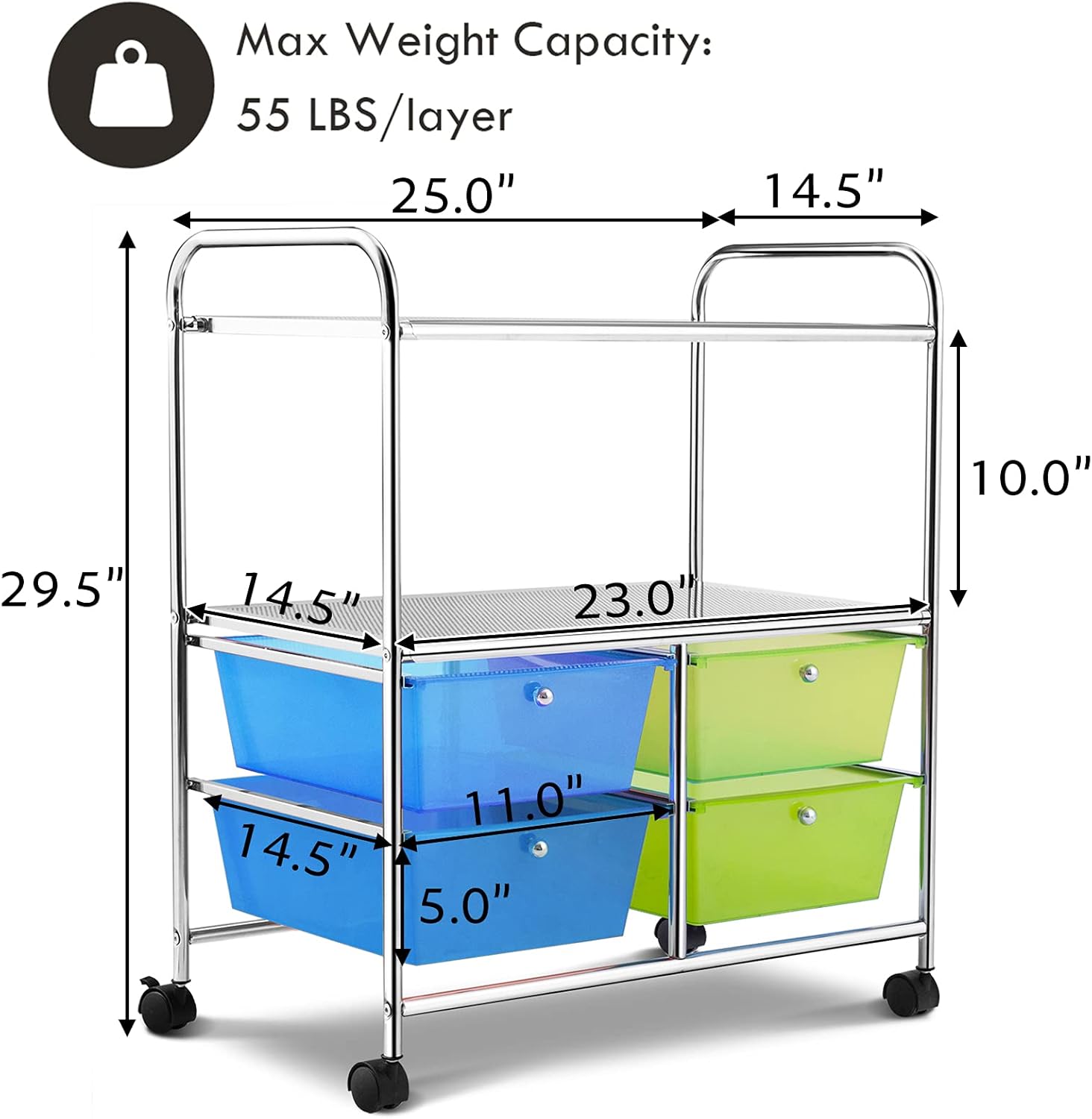 GOFLAME 4-Drawer Rolling Storage Cart with 2 Shelves, Mobile Utility Cart with Removable Drawers and Metal Frame, Art Craft Drawer Cart with Lockable Wheels for Home, Office, School, Studio, Green