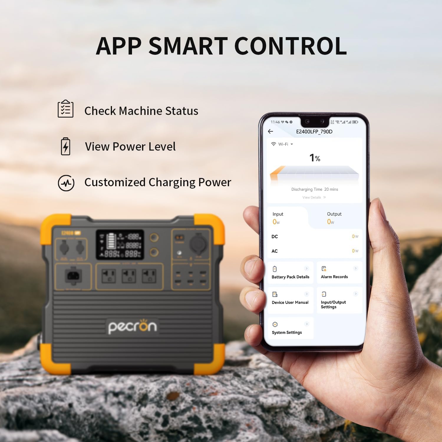 PECRON E2400LFP with a smartphone displaying the app smart control interface