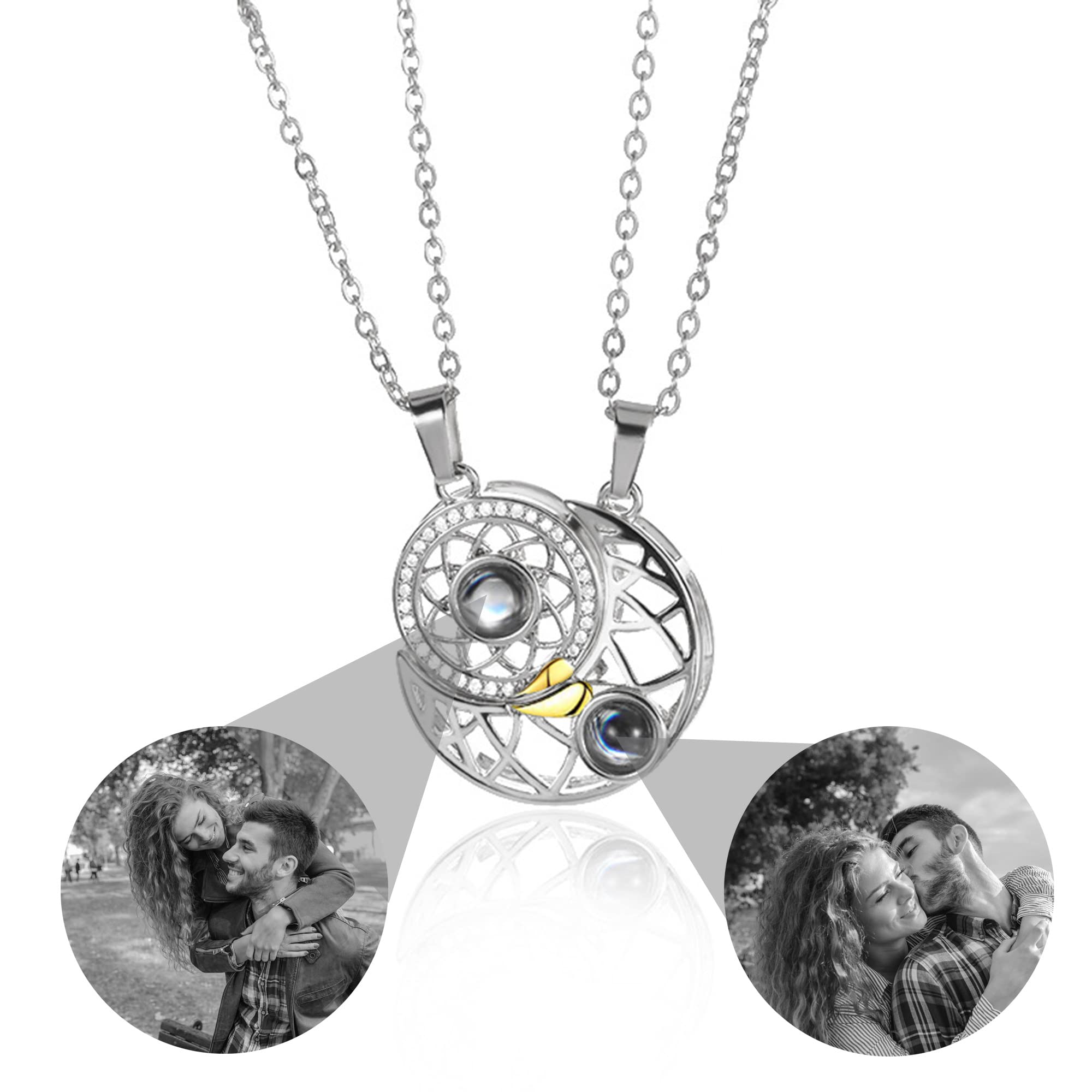 Yu LiaoSet of 2 Sun and Moon Couples Necklace 925 Silver Projection Necklace Personalized Photo/Name i Love You Valentine Pendant