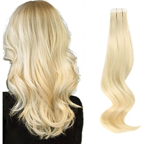 ABH AmazingBeauty Hair Tape in Hair Extensions Human Hair 24 Inch Semi-permanent Real Remy Human Hair Tape in Extensions 50g 20pcs Skin Weft Platinum Blonde Hair Extensions #60