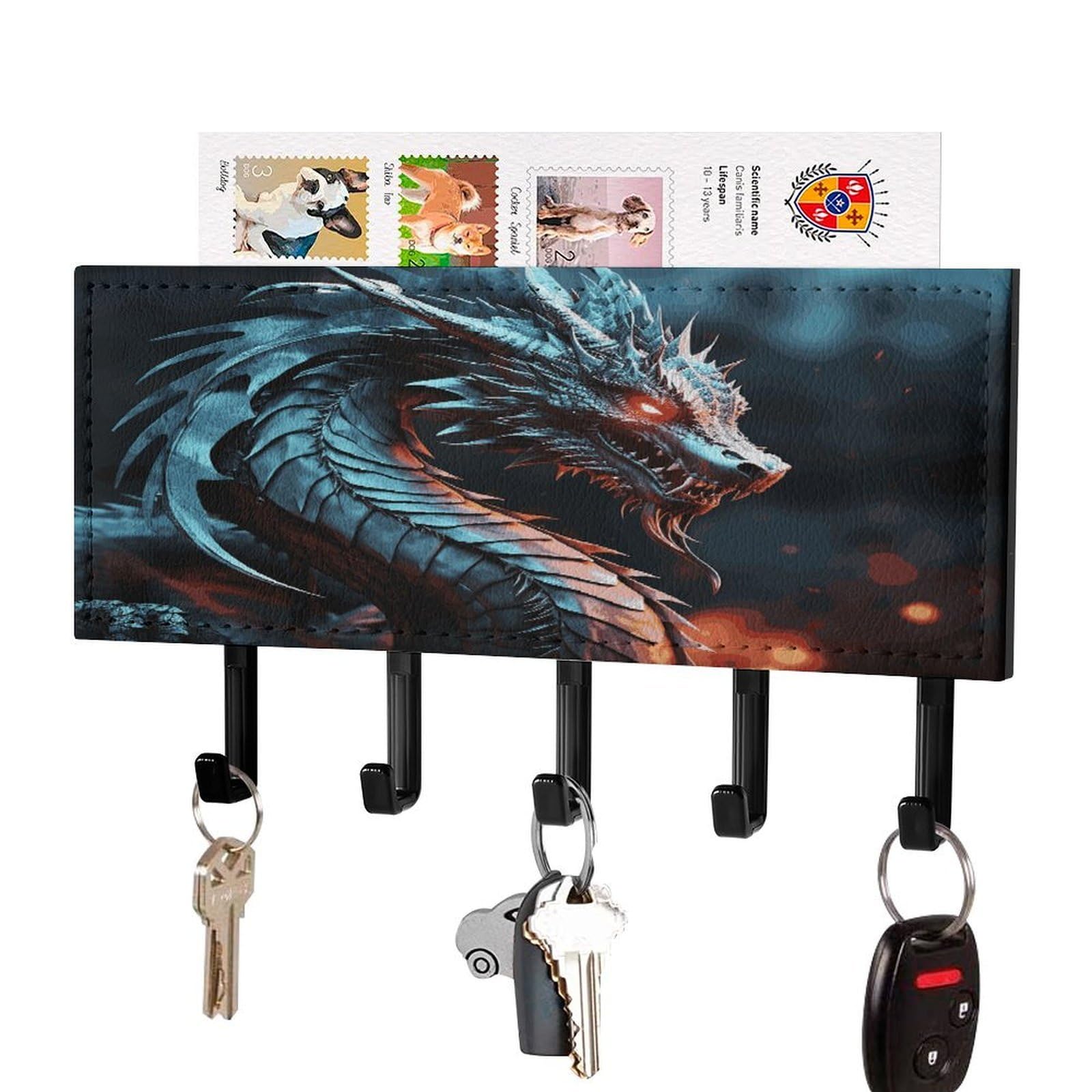 JTREHY Dragon Key Holder Wall Mount Decorative Key and Mail Holder PU Leather Adhesive Key Organizer Hanging Key Hooks Wall Shelf with 5 Hooks for Entryway Hallway Office