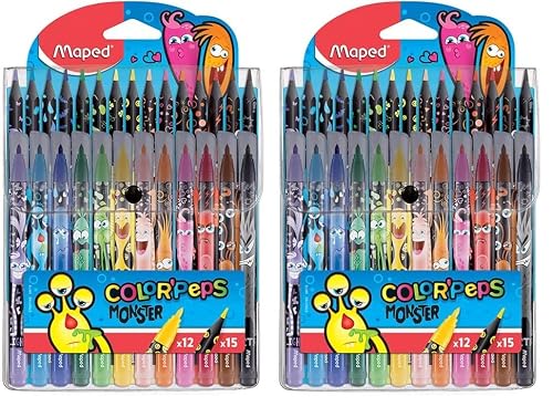 Maped - Combo Pack Monster Color'Peps - 15 Crayons de Couleurs Vives + 12 Feutres Lavables et Résistants au séchage - Pointe moyenne bloquée - Pochette plastique Refermable 984718 (Lot de 2)