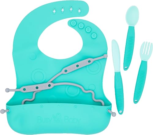 Miniatura 8 de BUSY BABY Juego de babero elástico y utensilios  Babero de silicona ajustable con bolsillo y utensilios de amarre para bebés y niños pequeños