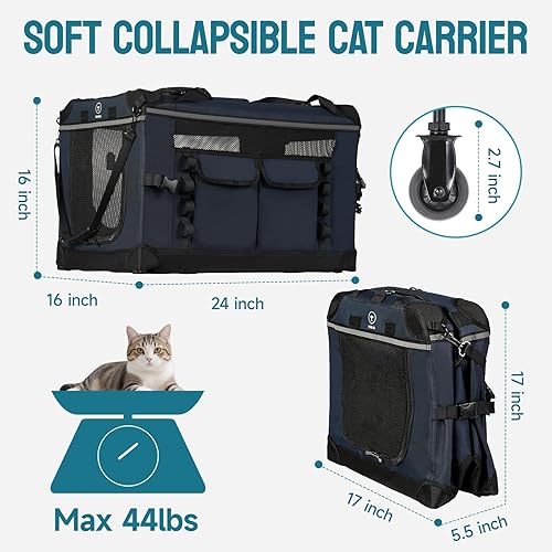 Vista 6 de Transportador plegable para gatos de 24 pulgadas con ruedas extraíbles, transportador de viaje grande para gatos y perros pequeños, transpirable
