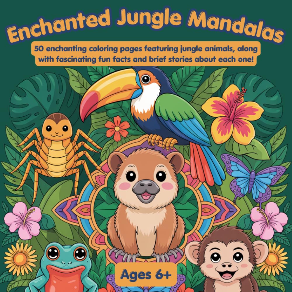 Enchanted Jungle Mandalas: 50 Magical Coloring Pages Featuring Jungle Animals and Exciting Fun Facts
